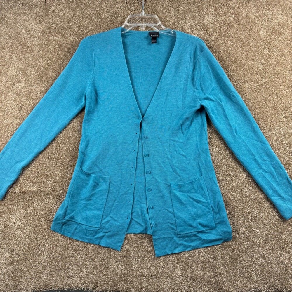 Eileen Fisher Turquoise 100% Merino Wool V-Neck Button Front Cardigan Small